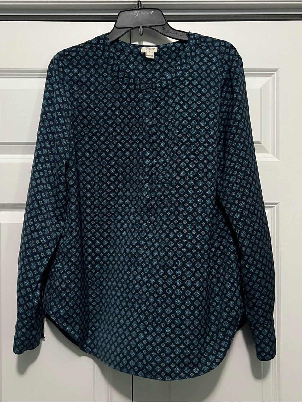 J. Crew Blue & Green Geometric Print Flowy Button Up Blouse